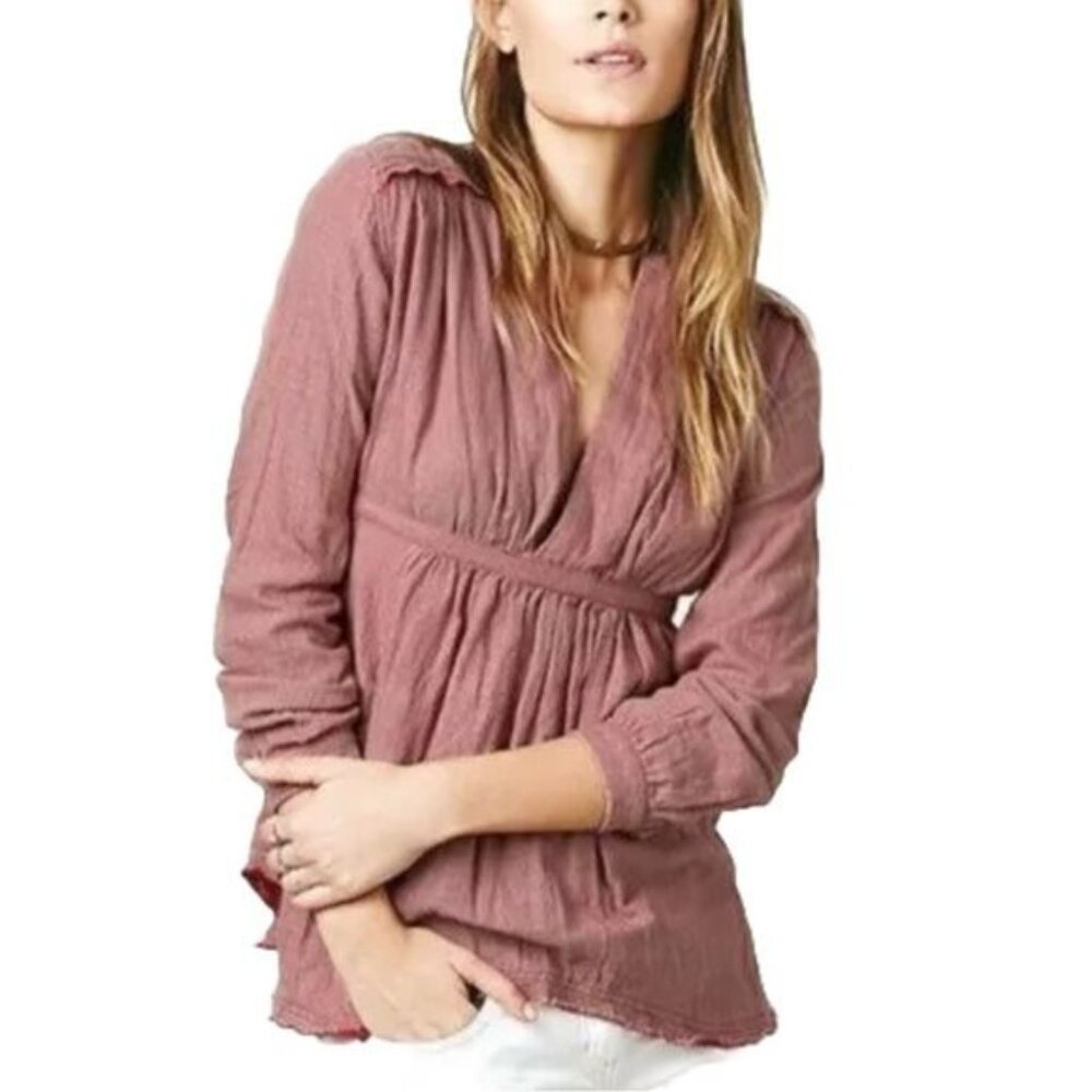 Free People Deep V-Neck Empire Waist Micro Striped Casual Baby Doll Top - Picture 2 of 11